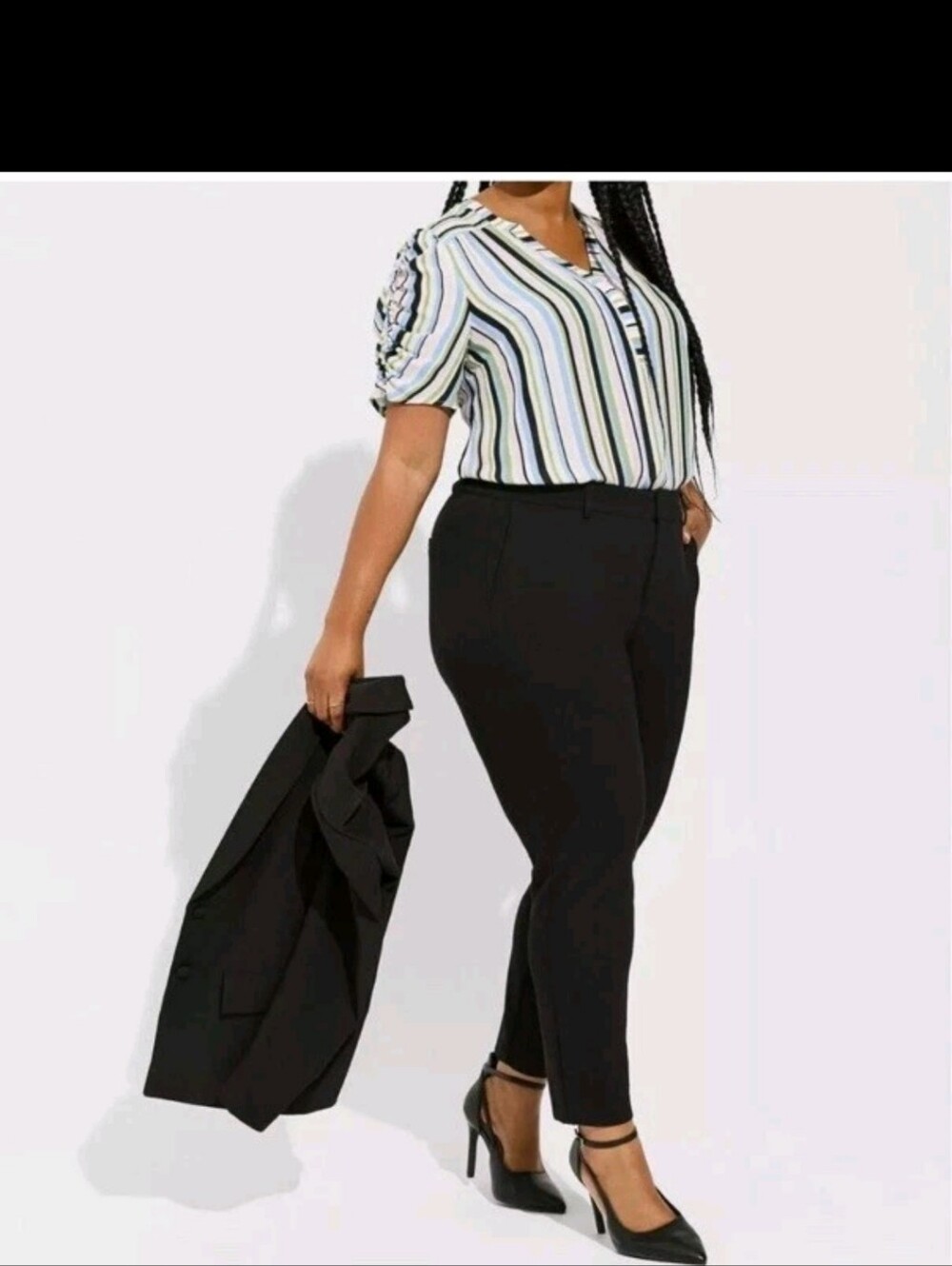 Striped Rouched-Sleeve V-Neck Blouse